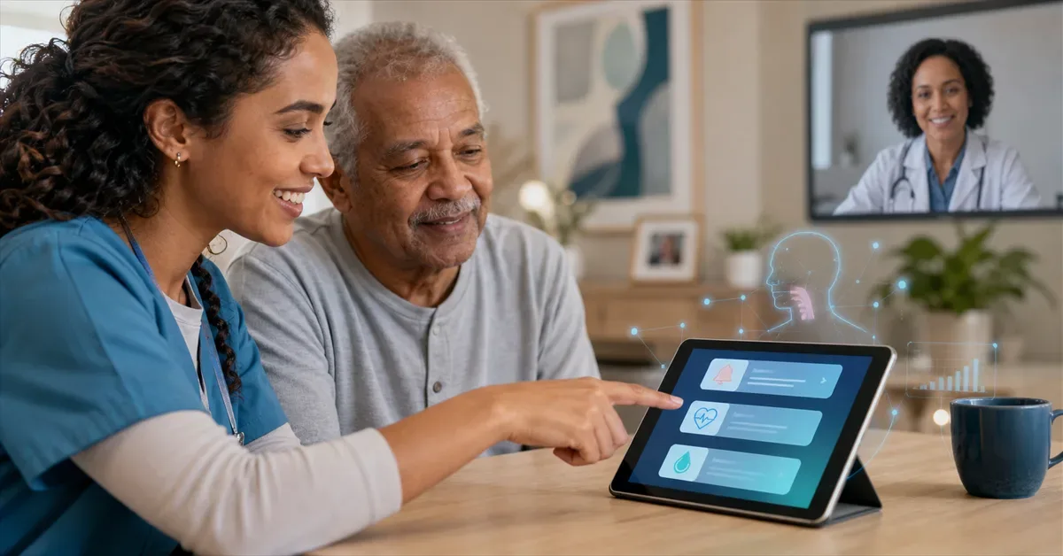 Cuidadora e idoso usando tablet com alertas digitais de saúde para acompanhar sinais de disfagia