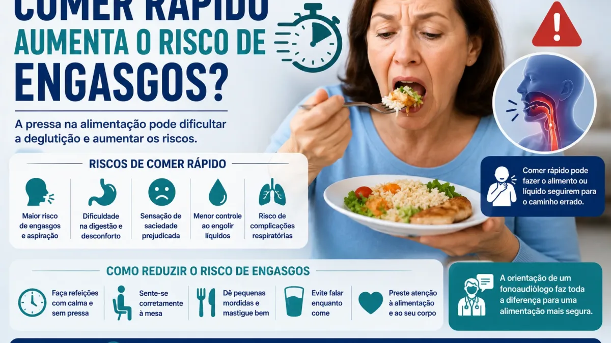 Pessoa comendo com pressa e cuidador atento ao risco de engasgo