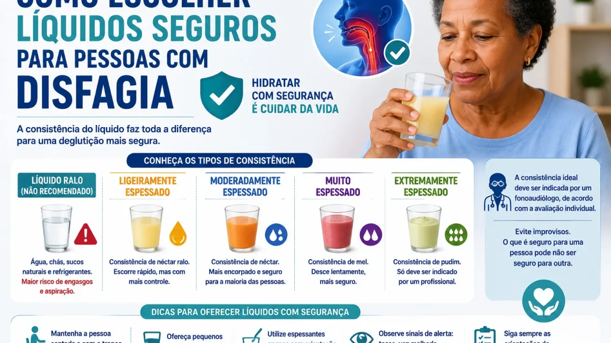 Cuidador observando diferentes líquidos para pessoa com disfagia