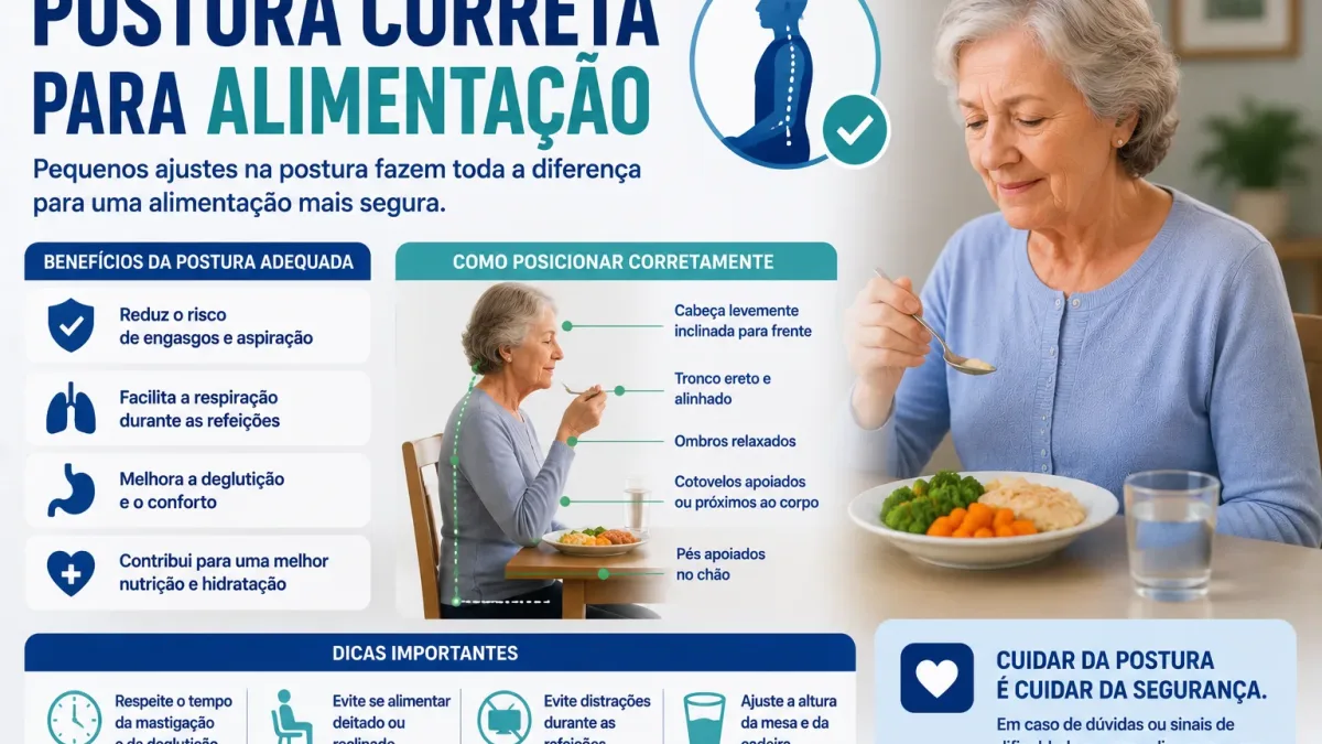 Cuidadores ajudando com postura correta durante a alimentação