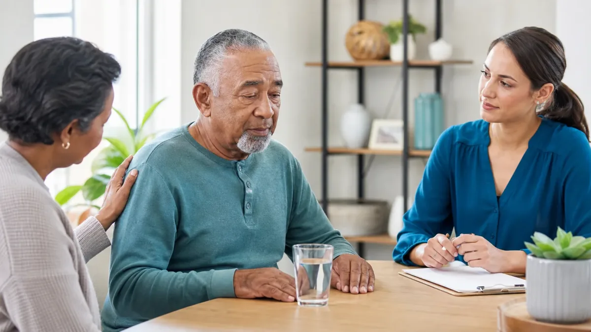 Pessoa com Parkinson recebendo orientação sobre líquidos e disfagia