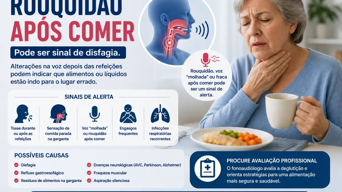 Pessoa com rouquidão após comer e possível alteração da deglutição
